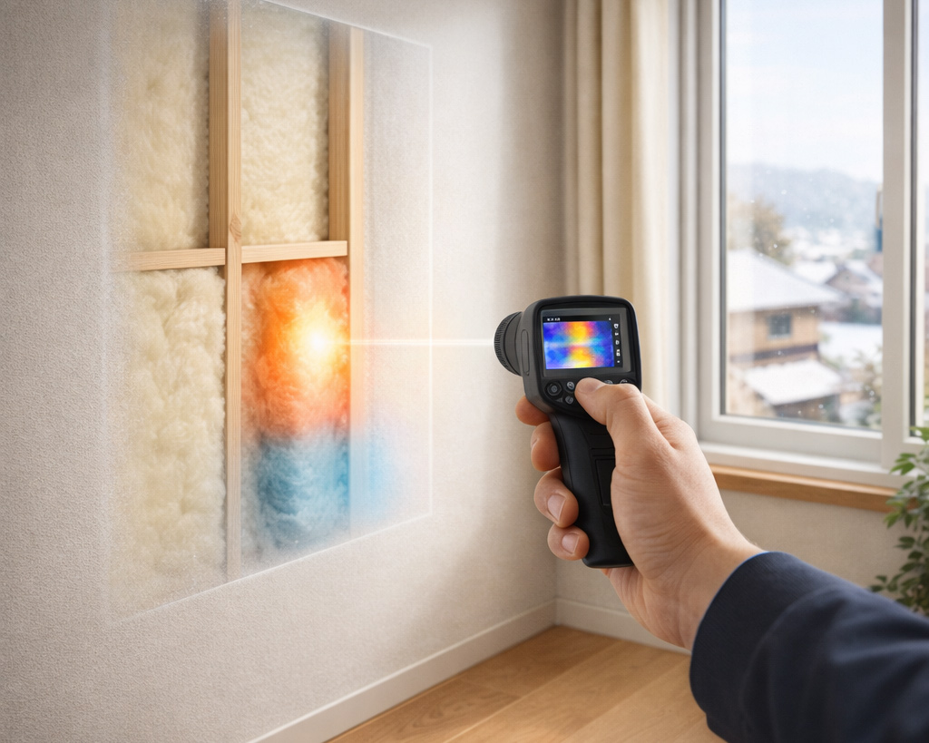内部結露のリスクをサーモカメラで確認するリフォーム現場
