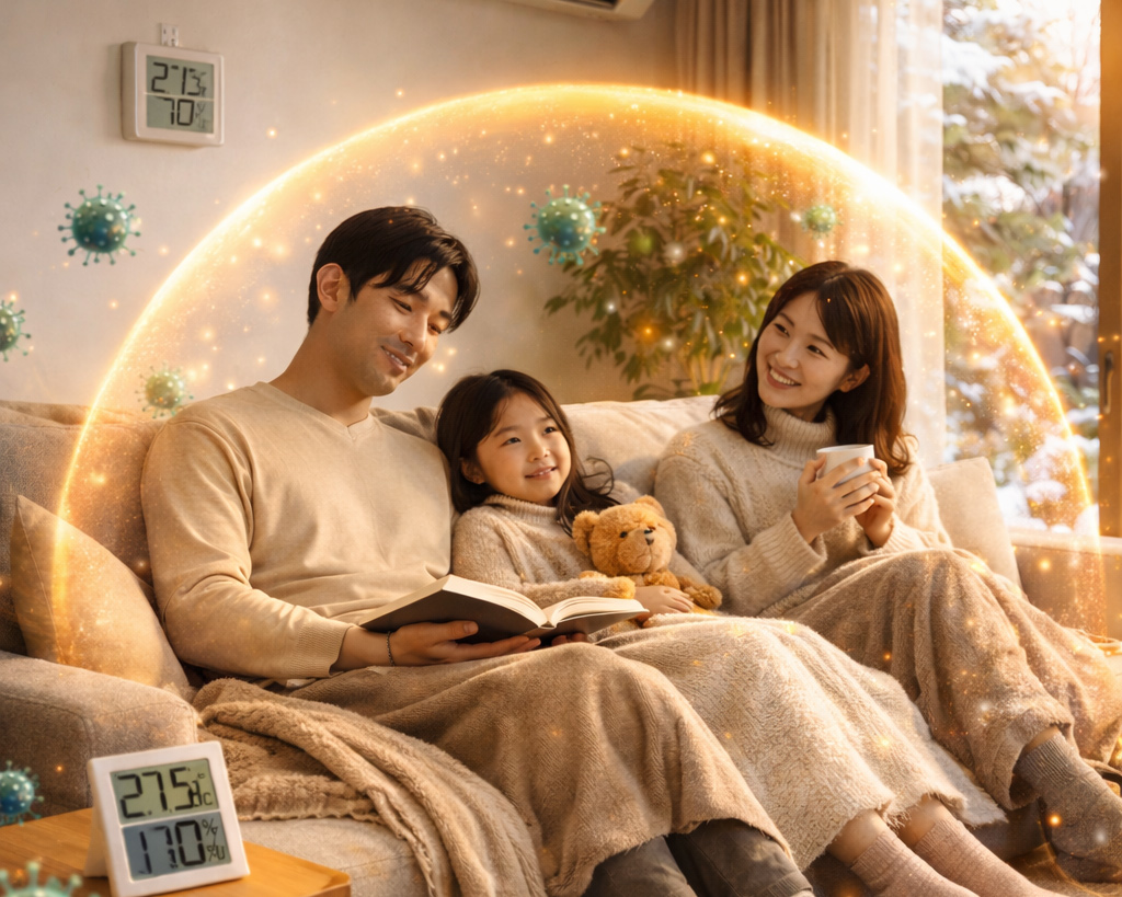 福岡・北九州の冬に、適切な室温と湿度で家族がくつろぐ木のリビング