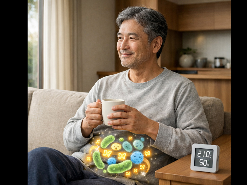 福岡・北九州の高断熱住宅のリビングで、腸内細菌とともにリラックスして過ごす男性の様子をイメージした写真