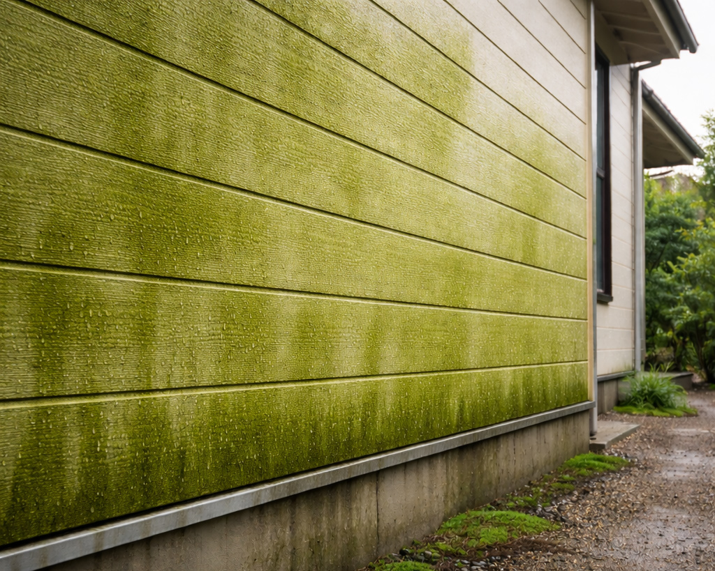 北九州の住宅で、北側サイディング外壁の下部にうっすらと苔が生えているクローズアップ写真