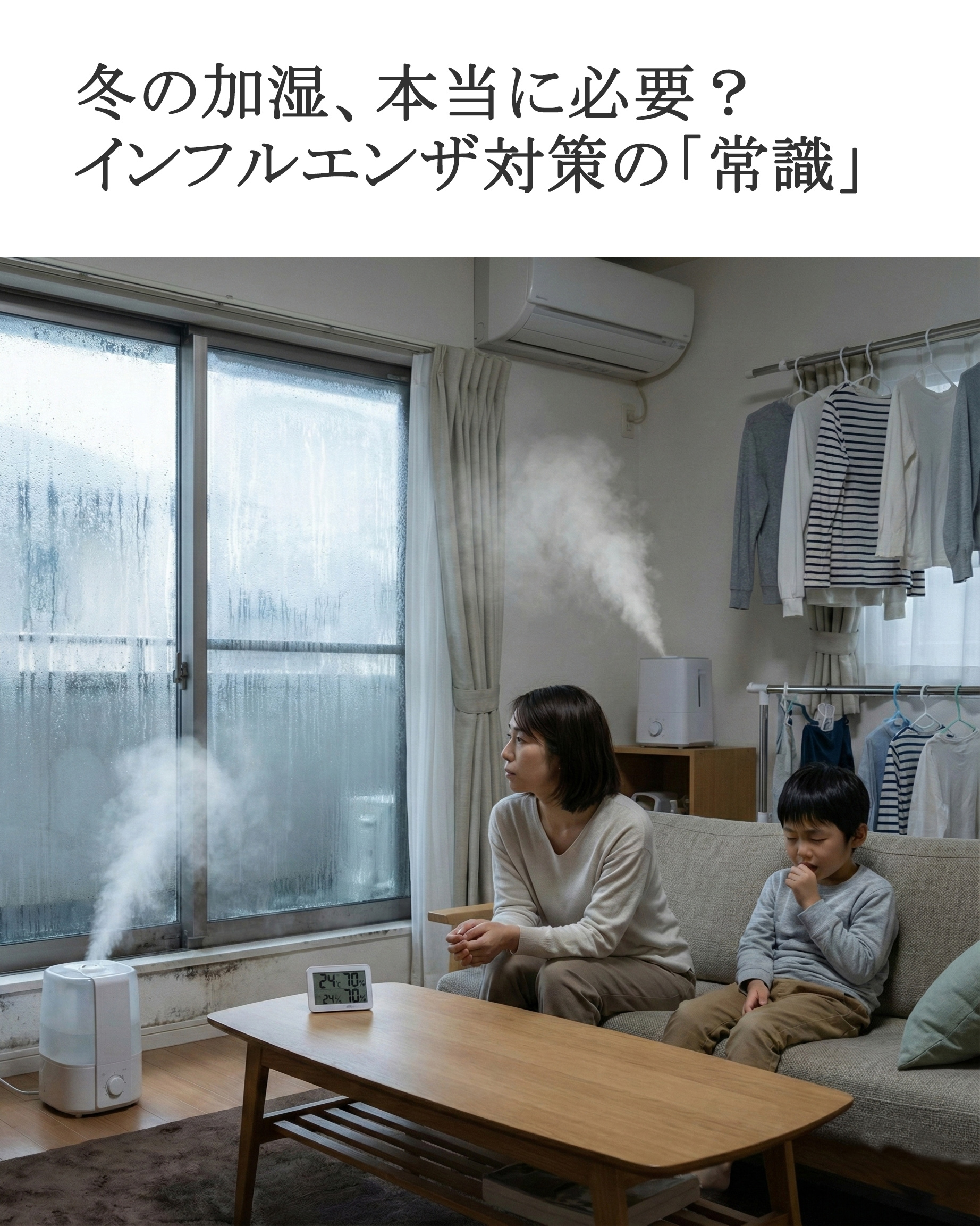 冬の夜のリビングで、スチーム式加湿器を2台稼働させ、湿度70％を超えた状態をイメージした写真風イラストです。大きな窓ガラスにはびっしりと結露がつき、サッシの角には黒カビが出始めています。テーブルの温湿度計を見つめる日本人の母親と子どもは、健康のために加湿をがんばってきた一方で、「もしかしてやりすぎかも」と不安を感じている様子です。インフルエンザ対策としての加湿が、結露やカビを招いてしまう“過加湿”のリスクを伝えるためのビジュアルとして使えます。