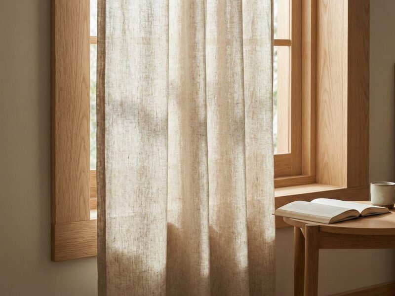 リネンカーテン越しに柔らかな光が差し込む、自然素材でまとめられた窓辺のインテリア