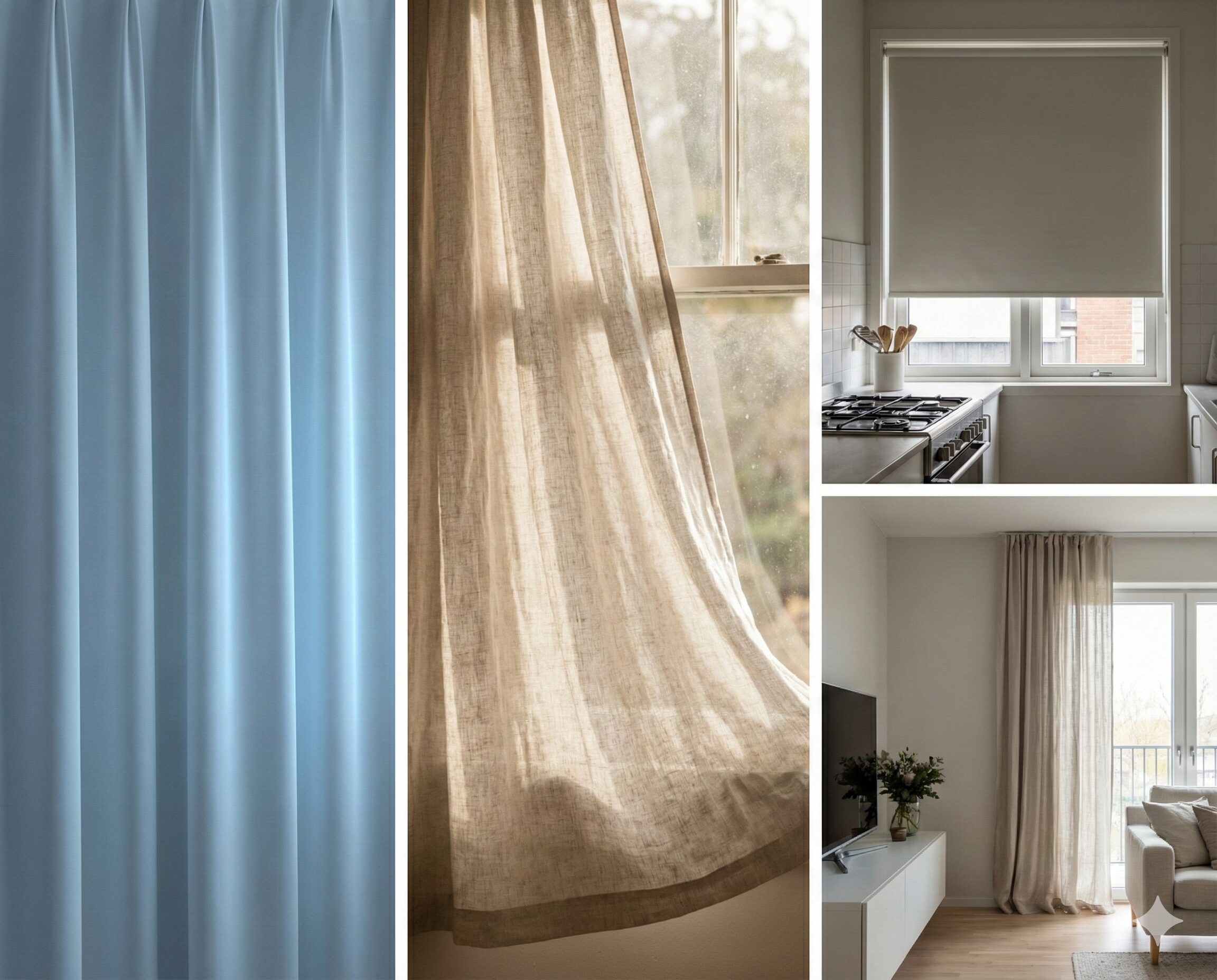 機能性カーテンの整った質感（左）、リネンカーテンの柔らかな風合い（中央）、キッチンの防炎ロールスクリーンとリビングのリネンカーテン（右）を組み合わせた、カーテンの使い分けイメージ画像