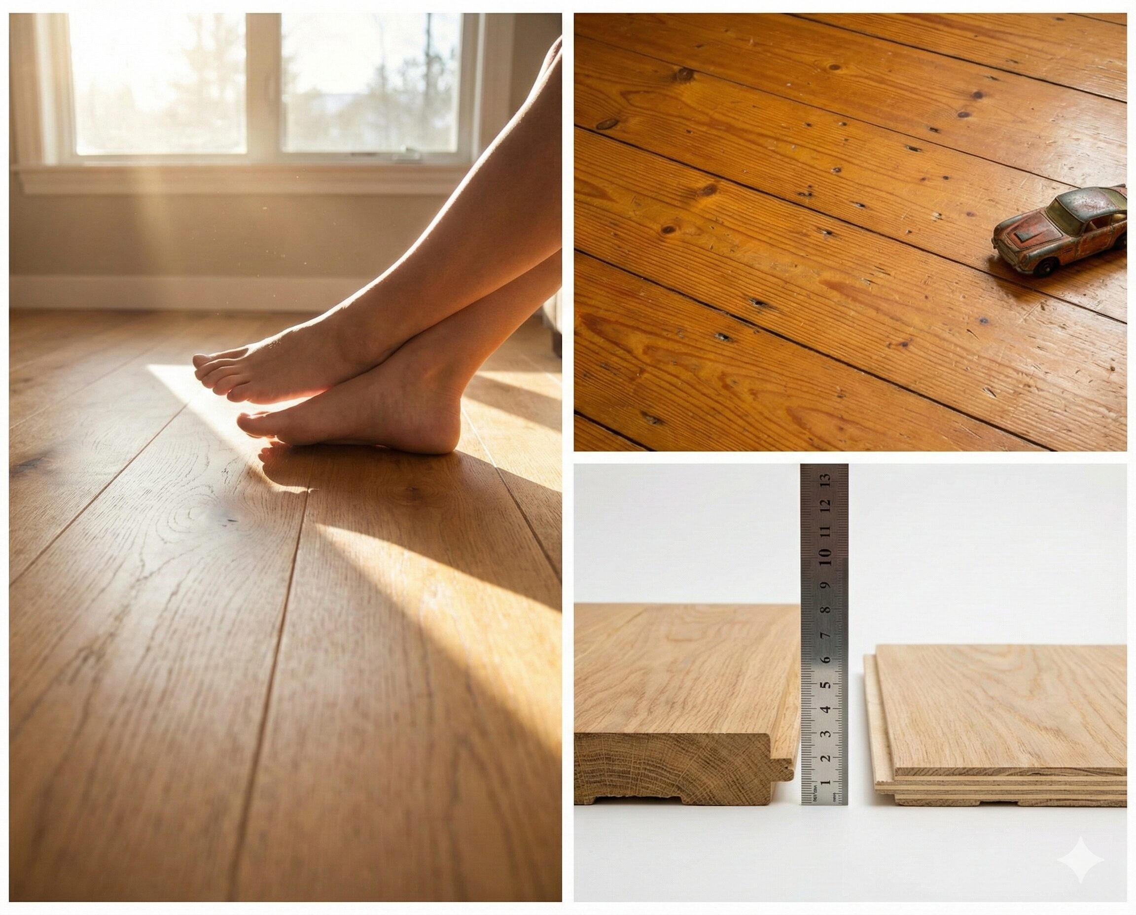 無垢フローリングの魅力と長持ちする理由を示すコラージュ画像。左は陽だまりで素足が心地よい様子、右上は傷が味わいとなった経年変化、右下は無垢材と合板材の厚みを比較した断面写真