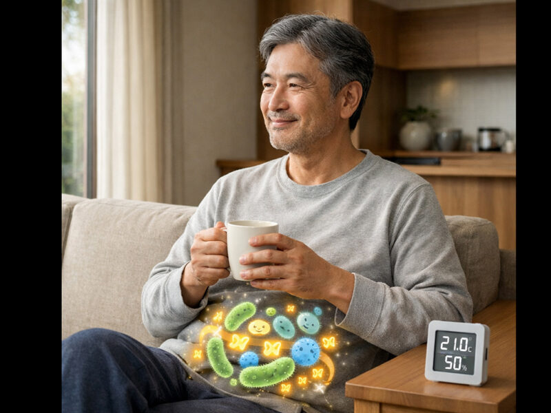 福岡・北九州の高断熱住宅のリビングで、腸内細菌とともにリラックスして過ごす男性の様子をイメージした写真