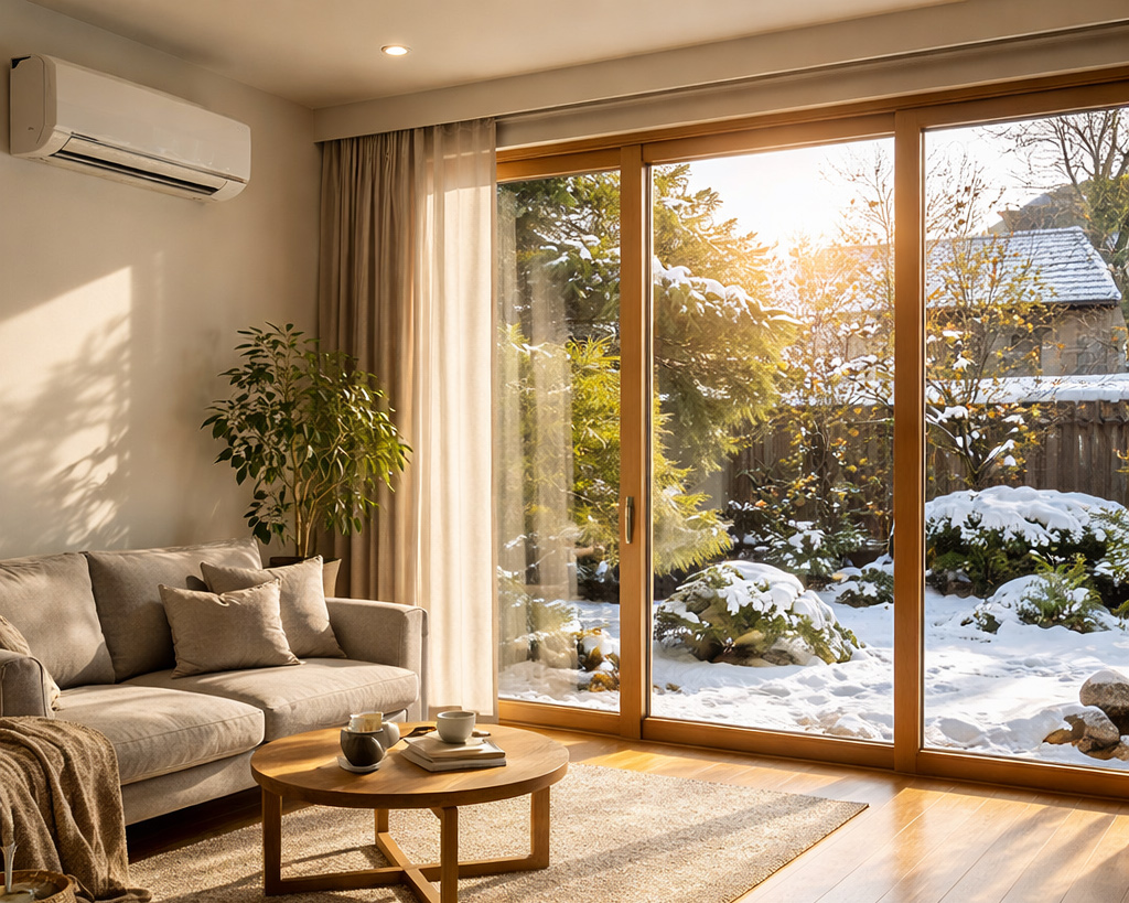 日本海側の家で、南向きの大きな窓から冬の日差しが入り、床があたたかく照らされている様子