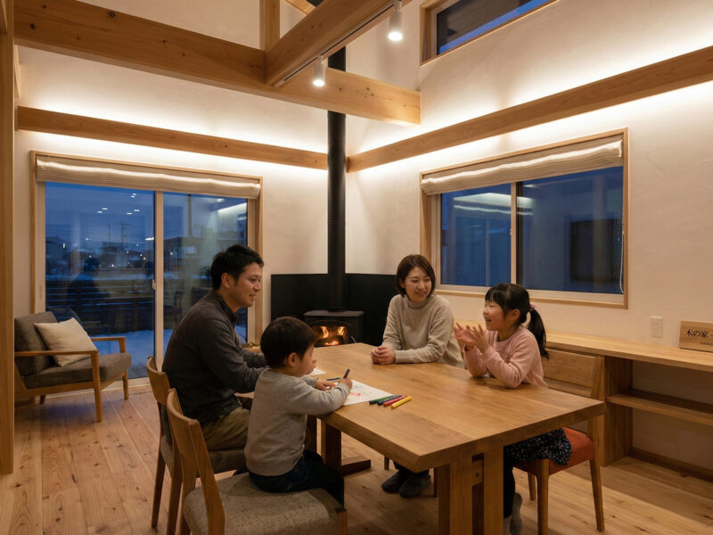福岡・北九州の工務店が建てた、子どもの心の成長を見守るあたたかなリビングダイニングの家族風景
