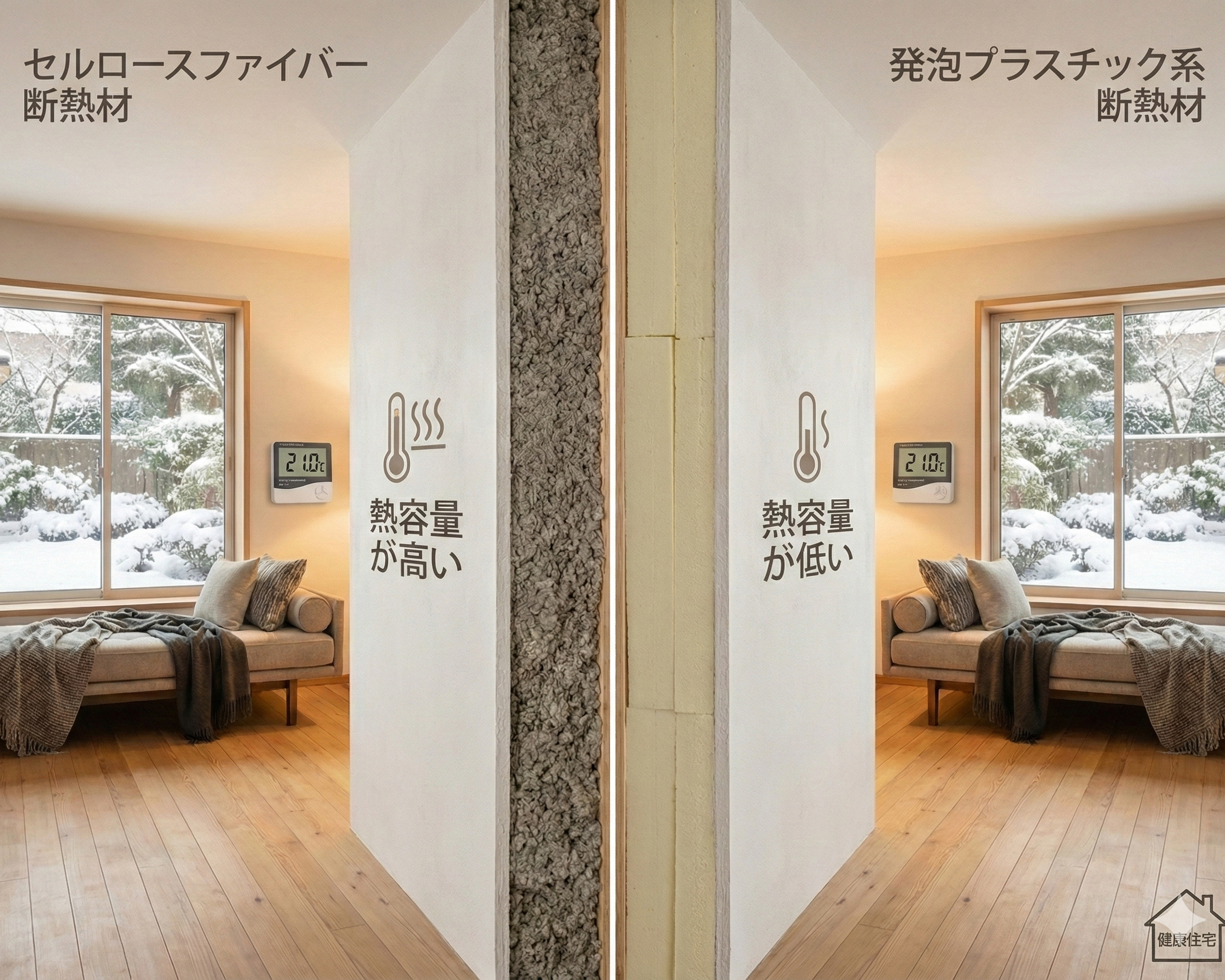 セルロース断熱と発泡系断熱の壁断面を比較し、熱容量の違いをイメージで示したイラスト