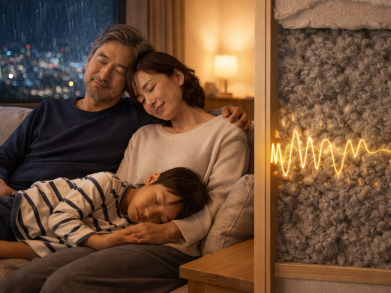 セルロース断熱の壁に守られた静かなリビングで、外は雨でも子どもが安心して眠っている様子