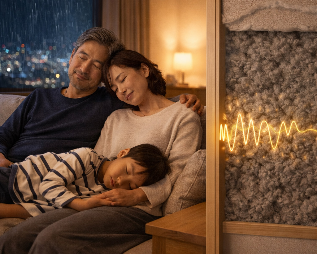 セルロース断熱の壁に守られた静かなリビングで、外は雨でも子どもが安心して眠っている様子