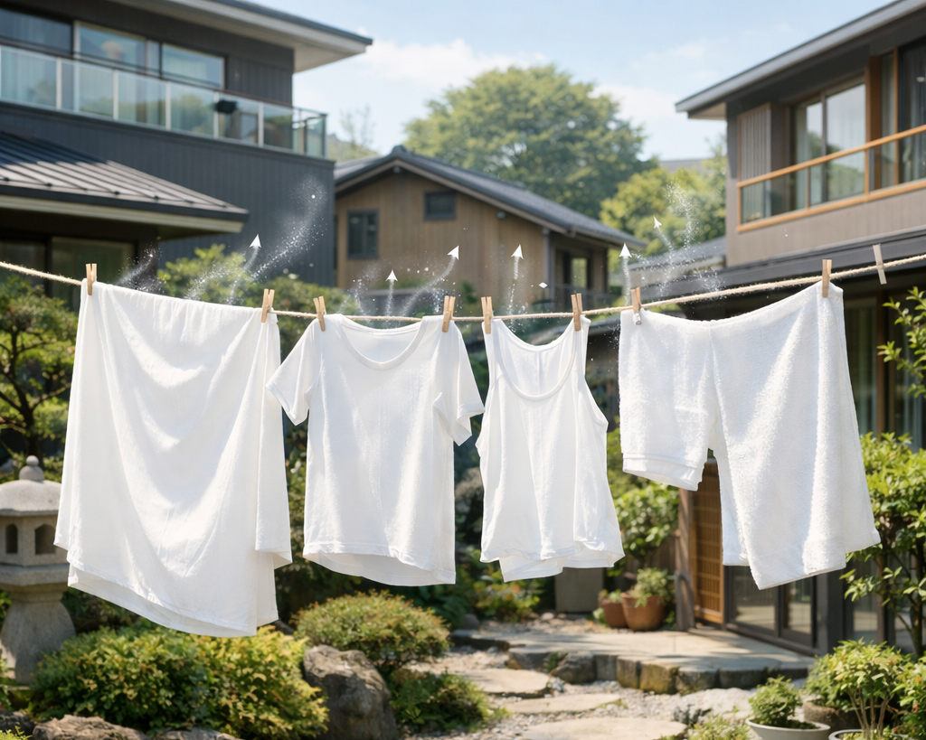 晴れた日に風に揺れる洗濯物と、布から水分が蒸発していく様子をイメージした写真風イラスト