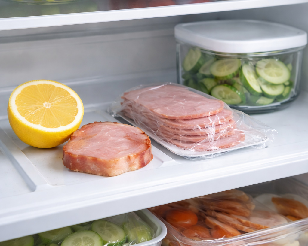 冷蔵庫の中で、むき出しで乾燥し始めた食べ物と、ラップや容器で保存された食べ物を対比させた写真風イメージ