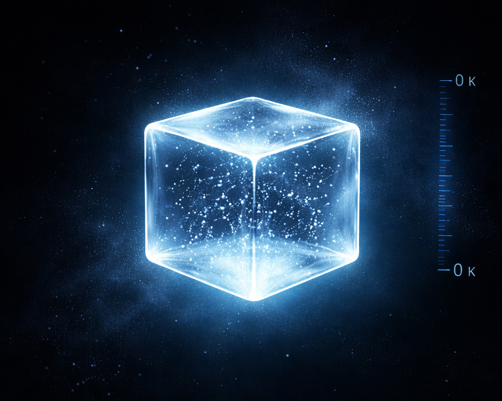 暗い空間に浮かぶ青く光る氷のキューブと、絶対零度に近づいた分子のわずかな動きをイメージした写真風イラスト