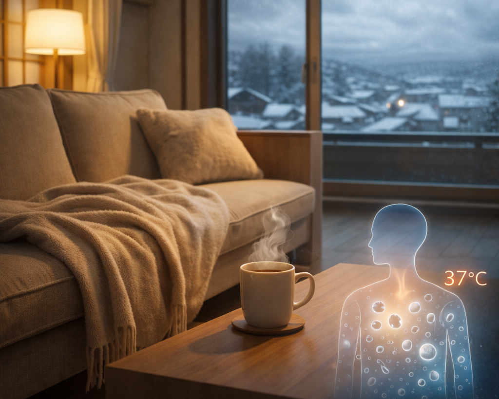 冬の外気と対照的に、細胞が心地よく働ける温度に保たれたリビングをイメージした写真風イラスト