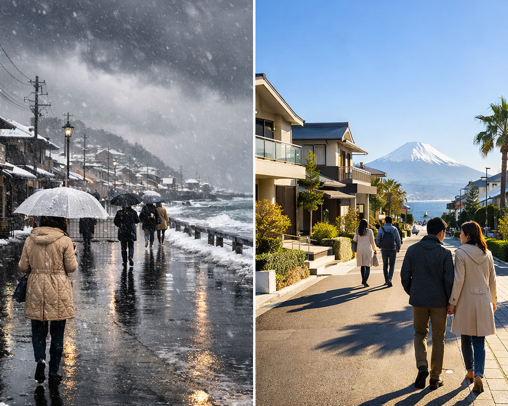 日本海側のどんよりとした雪空と太平洋側の晴れた冬空を対比した、体感温度の違いを示す写真風イメージ