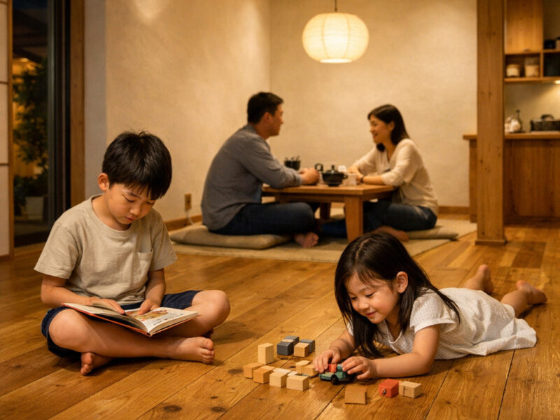 天然木の床と漆喰の壁に包まれたリビングで、落ち着いて過ごす福岡・北九州の家族の様子